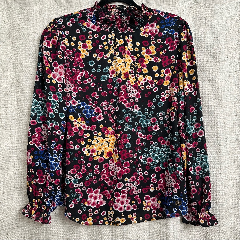Smocked Mock Neck Dark Floral Blouse Long Sleeve Black Ditsy Print Top Medium